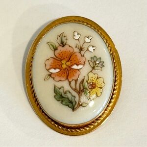 Lenox Gold Filled Porcelain Flower Floral Brooch 1” Pendant Combo Vintage